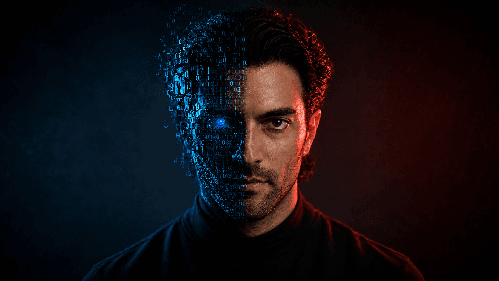 Portrait of Miko, with the left half of his face formed from electric-blue binary and the right half photographed in warm light.